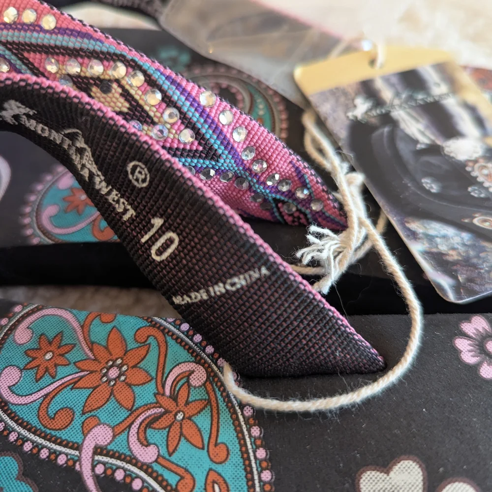 Montana West Embroidered Flip Flops in Black with Pink Accents Size 10 - Picture 5 of 8